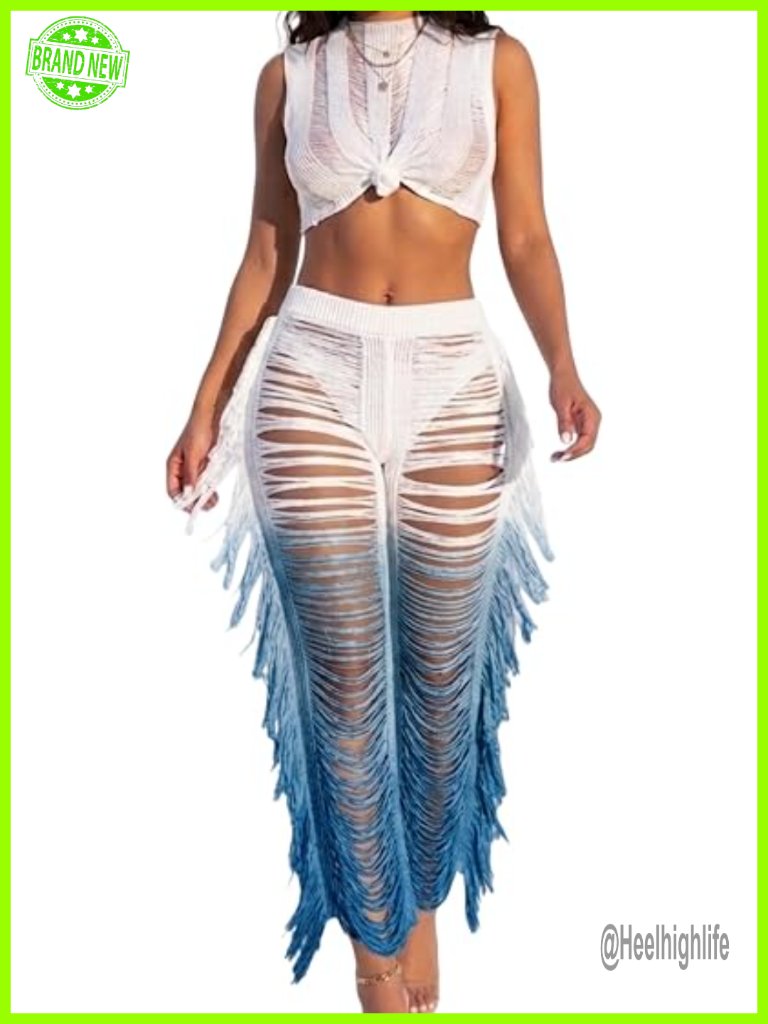 See Through Crochet Fringe Pant Set Festival Bikini Cover Up Outfit